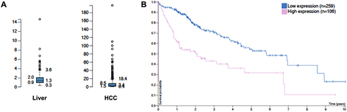 Figure 1 TCGA data showing higher EDB-FN expression in HCC compared with that in the liver (A), and the inverse correlation of EDB-FN expression in HCC with patient survival (B).