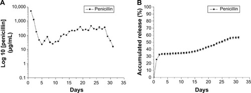Figure 3 In vitro release curve of the penicillin-eluting catheter.Notes: (A) Daily release curve. (B) Sustained release curve.