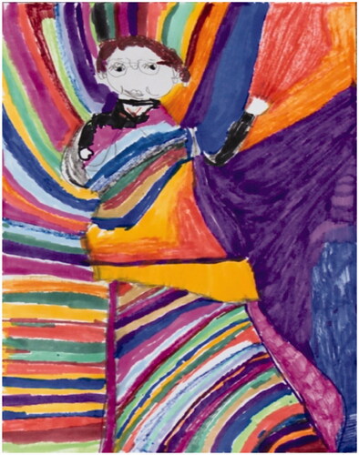 Caption: Artwork 2: Doing Me a Party.Image description: A drawing of a female with brown hair wearing a purple shirt wrapped in an array of striped colors and background.
