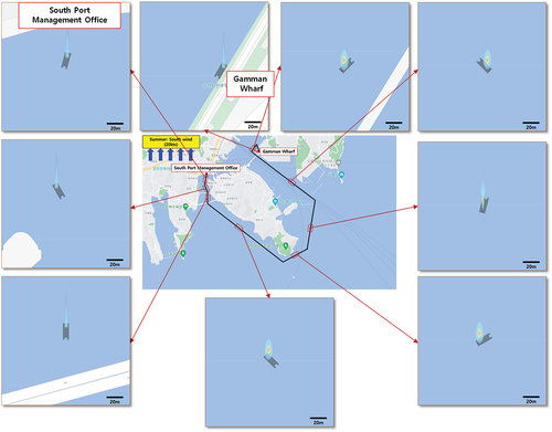 Figure 17. Gas dispersion simulation during ship operation (condition: summer, south wind 20 kts).