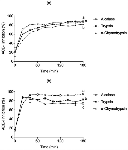 Figure 4. ACE-I inhibition activity in (a) globulins and (b) glutelins of Leucaena leucocephala seed cotyledon protein hydrolysates from globulin and glutelin by Alcalase, Trypsin, and α-Chymotrypsin. Experiments were done in triplicates. Different letters on each line indicate significantly different at P < .05.Figura 4. Actividad inhibitoria de la enzima convertidora de angiotensina (ACE-I) en (a)globulinas y (b)glutelinas en los hidrolizados proteicos de proteínas de cotiledón de Leucaena leucocephala producidos con Alcalasa, Tripsina y α-quimotripsina. Los análisis de hicieron por triplicado. Diferentes letras en una misma línea indican diferencias significativas a P < .05