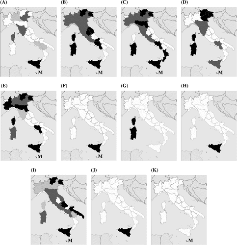 Figure 3. Distribution maps of the Portulaca oleracea morphotypes cited. Their presence is expressed as follows: pale grey, presence attested only in historical herbarium samples (before 1950); dark grey, presence attested both in historical herbarium samples and in recent collections; black, presence attested only in recent collections. (A) ‘P. cypria’, (B) ‘P. granulatostellulata’, (C) ‘P. nitida’, (D) ‘P. oleracea’, (E) ‘P. papillatostellulata’, (F) ‘P. rausii’, (G) ‘P. sardoa’, (H) ‘P. sicula’, (I) ‘P. trituberculata’, (J) ‘P. zaffranii’, (K) Portulaca oleracea f.