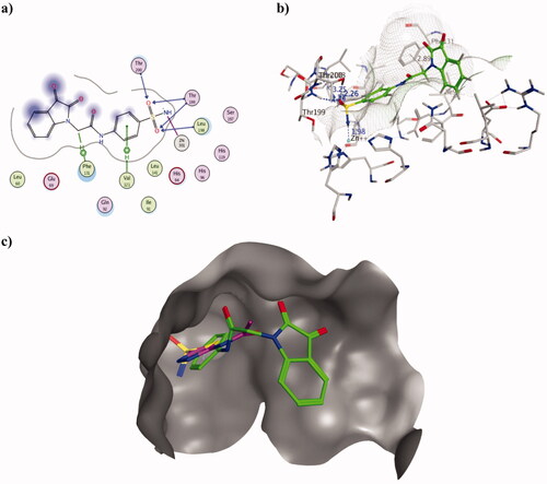 Figure 4. Molecular docking data of 2h on hCA II isoform using PDB ID 3HS4 as 2D (a) and 3D (b) presentations showing 2h as green ball and stick model with the formed H-bonds and arene-H were shown in blue and black dotted lines, respectively with their distance in Å highlighting the interaction site. c) The overlaid 3D presentation of 2h (green) and AAZ (magenta) inside the hCA II active site.