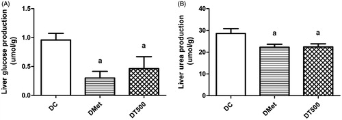 Figure 1. Hepatic glucose (A) and urea (B) production from saturating concentration of l-glutamine (5 mM) in diabetic rats non-treated (DC), treated for 21 d with 500 mg/kg metformin (DMet) or with 500 mg/kg Combretum lanceolatum flowers ethanol extract (DT500). Data represent mean ± SEM of 5–7 animals per group. ap < 0.05 versus DC (ANOVA followed by Newman–Keuls).