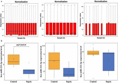 Figure 1. Normalization of three datasets and expression of miR-223-3pin three septic miRNA-seq experiments. a and b represent the normalization and miR-223-3p expression in three septic miRNA-seq experiments: GSE94717, GSE101639, and GSE149764, respectively