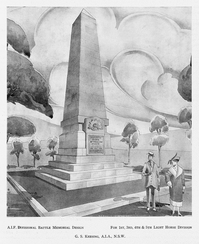 Figure 4. Gordon Keesing, AIF divisional battle memorial design (1919), Architecture: An Australian Review of Architecture and the Allied Arts and Sciences 7, no. 1 (January 1920): 23. Collection: State Library Victoria.