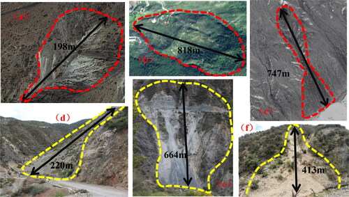 Figure 3. Examples of collapses and landslides: (a)-(c) landslide from an optical image (d) - (f) are landslides from field investigation.