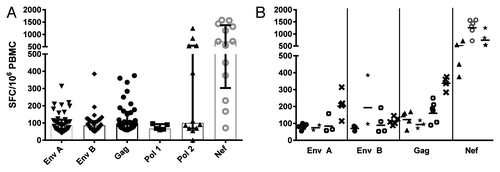 Figure 2. ELISPOT Responses of 29 V001 Individuals with 4 or more LTFU visits. (A) Overall median SFC/m PBMC with interquartile ranges (positive responses only) (B) Data from 6 individuals illustrative of responses over time. Each set of symbols (e.g., circles or triangles) represents an individual, the scatterplots show the responses over 2–6 time points spanning the first visit at 1 y post last vaccine to 5 y post last vaccine. The geometric mean is shown by the bar (-).