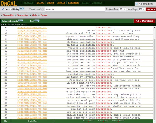 Figure 2. OnCAL display of results for the search term ‘instructor’.