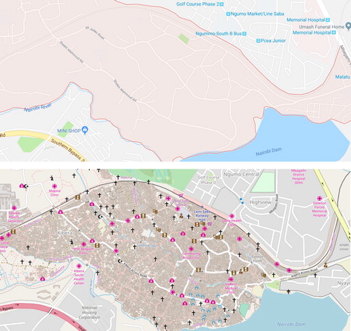 Figure 4. (In)visible slums: Google Street Map (top) vs. OpenStreetMap (bottom) views of Kibera.