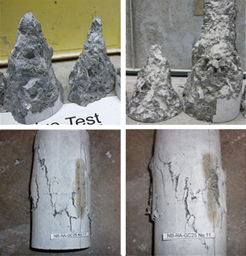 Figure 7 Failure mode of specimens under compressive loading: no waste (top left), recycled aggregate (top right), 25% rubber crumbs (bottom left) and recycled aggregate+25% rubber crumbs (bottom right).