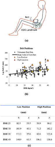 Figure 3 Lap belt routing positions for occupants with different BMIs: (a) lap belt position reference, (b) volunteer test data on lap belt position, and (c) lap belt positions used in the current study.