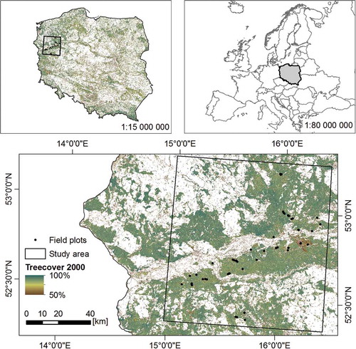 Figure 1. Location of the study area. “Treecover 2000” was obtained from Global Forest Change (Hansen et al., Citation2013).