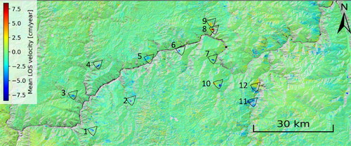 Figure 6. The LOS direction annual average deformation rate. The black curve symbol indicates the approximate area of significant creep.