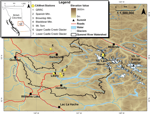 FIGURE 1 Map of the Cariboo Mountains of British Columbia including the location of CAMnet stations (numbered as in Table 1).