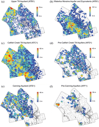 Figure 6. Isopachs of the major aquifer and aquitard units in the Waterloo Moraine area. White areas indicate locations where unit is not present.