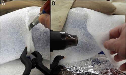 FIGURE 7. The sequence to create a welded dart is to, A, cut along the fold in the liner, shield the specimen under the area to be welded with aluminum foil, B, overlap and heat both contact surfaces simultaneously with a heat gun until they are tacky, and press them together. This technique takes some practice but is the quickest and most archival method of binding a dart.