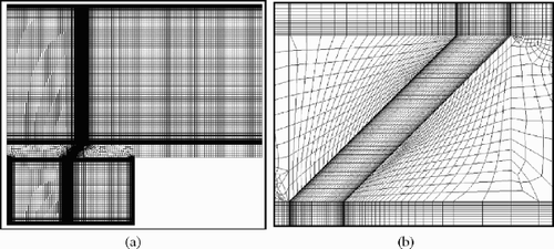 Figure 8. View of the CHT computational Grid, (a) whole domain, and (b) close up of the cooling slot.