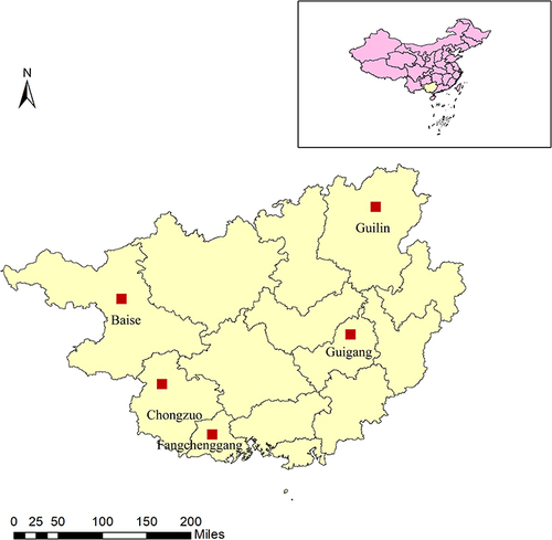 Figure 1 Distribution of the study site in Guangxi, China. The five cities located in border and non-border of Guangxi, which belongs to the southwest region of China.