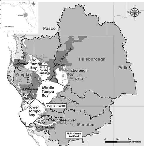 Figure 1. Tampa Bay and its watershed. Black outlines indicate watershed basin and bay segments boundaries, and darker shading shows municipal boundaries for major cities.