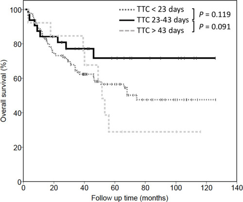 Figure 3 Kaplan–Meier curves for overall survival in subgroups of patients stratified by time to chemotherapy (TTC). The 5-year overall survival rates were 57% in the early group, 72% in the intermediate group, and 30% in the late group (Log rank, early vs intermediate p=0.119; intermediate vs late p=0.091).