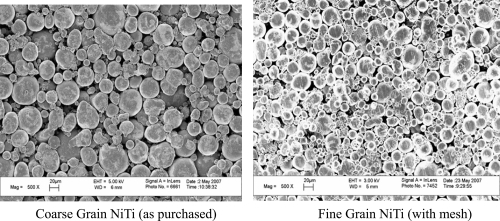 Figure 2 SEM images of NiTi compacts with two different surface roughness properties. Compared to the coarse grain NiTi samples, the fine grain NiTi samples had a greater percentage of sub-micron to nanometer size particles and a greater percentage of interparticulate voids providing for increased sub-micron to nanometer roughness.