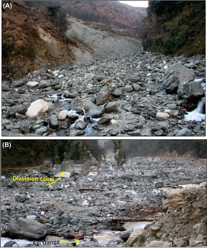 Figure 5. (A) Landslide ravaged upper catchment of Asi Ganga near Sangam Chatti, (B) Debris laden river bed after June 2013 which devastated three projects. The leftover of Asi Ganga phase-II diversion channel can be seen towards the left bank.