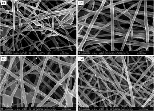 Figure 2. HR-SEM images of electrospun nanofiber: F1- PCL nanofiber (8% w/v), F2- PCL nanofiber (12% w/v), F3- PCL/CHL nanofiber, and F4- PCL/CHL/Que nanofiber.