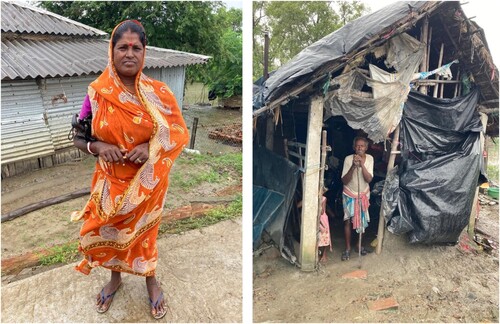 Figure 3. Shanti Gayne and her old home taken by embankment breach. She lives with her in-laws in a makeshift tent. (Debojyoti Das).