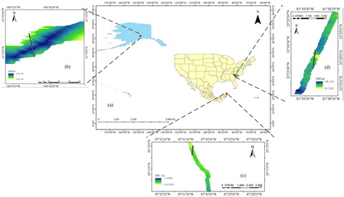 Figure 1. Locations of the study areas. The black line on this figure is ATLAS trajectory. The underlay is the G-LiHT DTM. (a) is schematic diagram of the location of the study area. (b) is cook Bay study area. (c) is aiken study area. (d) is yucatán study area.