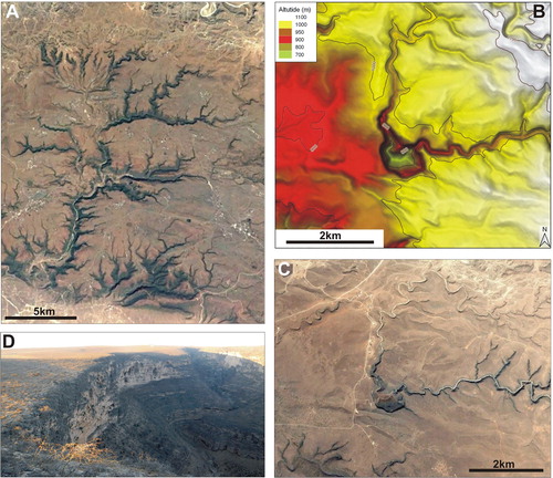 Figure 4. (A) GoogleEarth™ satellite image illustrating the dendritic and tectonic-controlled pattern of Wadi Darbat and its influents. (B) DEM and (C) GoogleEarth™ image of wadis flowing into the Teyq sinkhole. (D) Field pictures of the Teyq sinkhole.