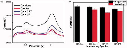 Figure 13. DPV curves corresponding to 0.1 mM dopamine (a) in the presence of uric acid (UA), ascorbic acid (AA) and creatinine (CRT). (b) Bar plots depicting the effect of interferents on DPV.