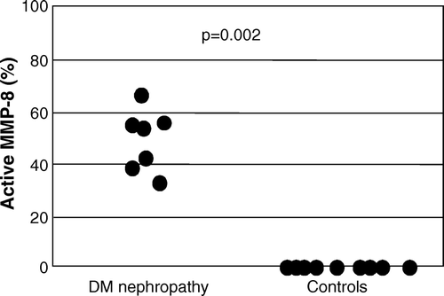 Figure 2.  The proportion of active polymorphonuclear neutrophil (PMN) type MMP-8 determined by Western blotting in urine was significantly higher (P = 0.002) in diabetic nephropathy (DNP) patients than in healthy controls.