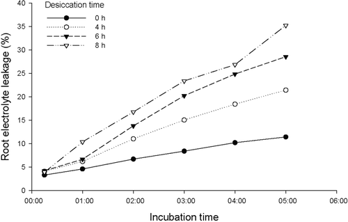 Figure 2. Root electrolyte leakage (REL) with time measured after 1, 2, 3, 4, and 5 h from the time of adding distilled water to root samples of Quercus robur L. seedlings grown in an Irish nursery. Oak roots were previously exposed to four desiccation treatments with durations of 0, 4, 6, and 8 h, according to the methodology outlined in Mortazavi et al. (Citation2004).