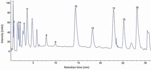 Figure 4. HPLC chromatogram of amino acid profile of banana pulp of cooking cultivar (Nshakala) derivatised with (PITC) and UV-VIS detection at 254 nm.Figura 4. Cromatograma HPLC del perfil de aminoácidos de la pulpa de plátano del cultivar de cocción (Nshakala) derivado con (PITC) y detección UV-VIS a 254 nm