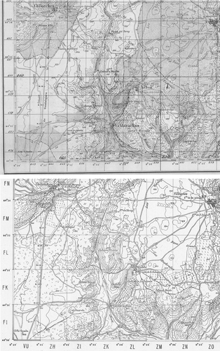 Fig. 7. Details from two editions of the ‘Guadalajara’ sheet (38 × 57 cm) of the 1:50 000 map of Spain, both printed in 1937. Above, the map made by Franco's army in Spanish style; below, the Italian Corpo Truppo Volontarie's version, in their own style. Note the emphasis on lines of communication, the simplicity of land-use markings. The Italian version contains a complete table of conventional signs on the Italian style sheet. (Reproduced with permission from the Cartoteca de Catalunya, RM. 251.958; and a private collector.)