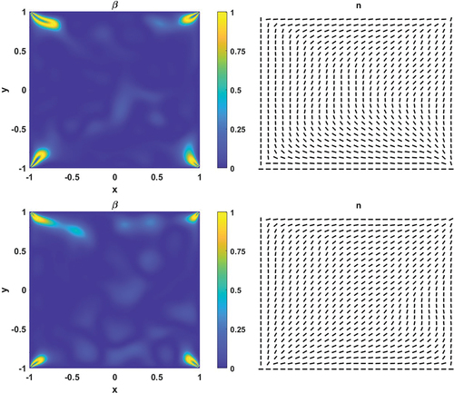 Figure 10. (Colour online) First row: biaxiality parameter and director of a rotated solution to (26) (under additive noise) for L˜=200, σ=1, α=0.01 and T=2. Second row: biaxiality parameter and director of a diagonal solution to (26) (under additive noise) for L˜=200, σ=1, α=0.01 and T=2.