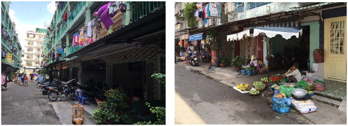 Figure 5. (Left) A coffee shop next to a flat run private parking service for block A’s residents; (Right) Hawker and temporal vendors at block J (photographed by the authors, 2018).