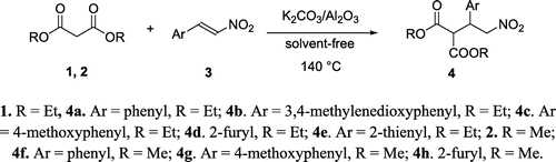 Scheme 1. Synthesis of various Michael adducts 4a-h using KCA as a catalyst.