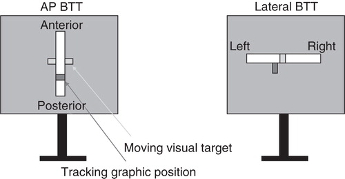 Figure 2. Monitor screen for the body tracking test (BTT) system. The moving visual target is shown in green and the subject’s center of pressure (tracking graphic position) is shown in red. AP, antero-posterior.