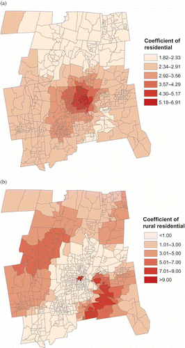 Figure 3. Spatial distribution of the GWR coefficient at the block group level in the 50 GWR2 BLKG model: (a) for residential land cover; (b) for rural residential land cover.