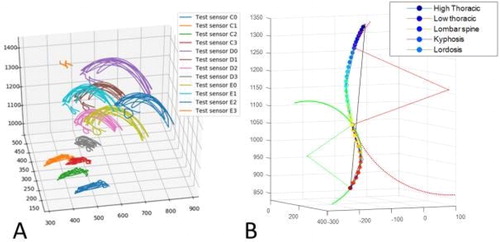 Figure 1. Lateral bending. A) Sensors displacement during movement acquisition. B) Vertebral extrapolation based on sensor locations.