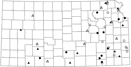 Figure 1 Approximate locations of the 44 Kansas study lakes. Open circles = newer lakes/unimpacted watersheds. Black circles = older lakes/unimpacted watersheds. Open triangles = newer lakes/impacted watersheds. Black triangles = older lakes/impacted watersheds.