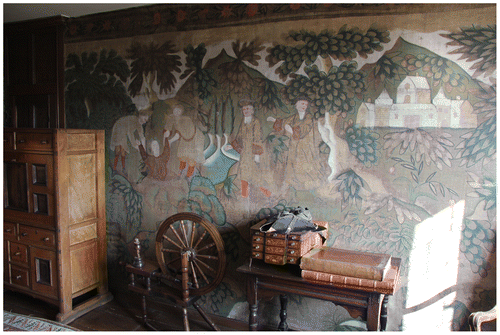 Fig. 8. View of the painted cloths on one of the walls of Queen Margaret’s Chamber, Owlpen Manor, Gloucestershire, early eighteenth century.