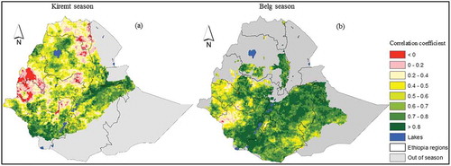Figure 12. The spatial correlation coefficient map produced during the Kiremt (a) and the Belg (b) seasons.