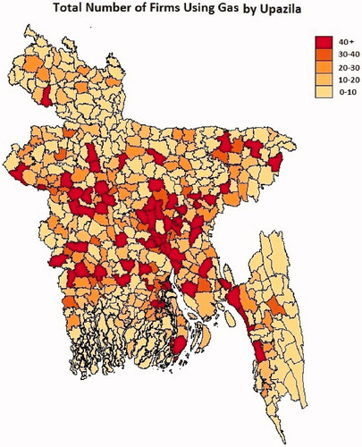 Figure 3. Distribution of firms using gas in Upazilas across Bangladesh.
