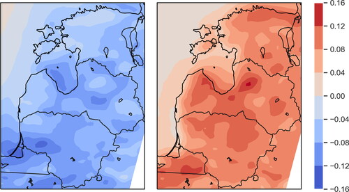 Fig. 8. Principal component analysis of model data. Values of PC1 in May (left) and November (right).