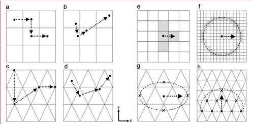 Figure 1. Examples of spatially discrete (either cell centered [a] or nodal [c]) and continuous (b, d) movement within either a simplified 2-D rectangular and triangular mesh grid. Examples of how agents within the models sensed their environment; (e) in adjacent upstream cells (e.g., Padgett et al. Citation2020b); (f) within cells that fell on the perimeter of a sensory circle (e.g., Tan et al. Citation2018); (g) at a fixed number of points (black crosses) that fell on the perimeter of a sensory ovoid (e.g., Goodwin et al. Citation2006, Citation2014, Citation2023); (h) at all nodes (black crosses) that fell within a sensory semi-circle oriented in line with the swim direction of the agent (e.g., Zielinski et al. Citation2018). Note, all examples show grid and sensory points in two dimensions for simplicity.