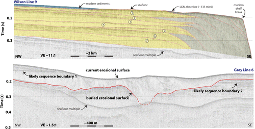 Figure 3  Sections of two boomer lines highlighting Quaternary sedimentation from the shelf north of the Otago Peninsula. Wilson Line 9 (Wilson Citation1998) in water depths of 95–150 m off the coast of the Waitaki River) is interpreted to show sequence boundaries and idealised facies distributions (darker shading corresponding to finer grain sizes). Seven fifth- (c. 120 ka) or sixth-order (c. 41 ka) glacio-eustatic sedimentary sequences are annotated. Vertical exaggeration is about 11:1. Gray Line 6 (Gray Citation1993), crossing the landward edge of the Karitane Canyon on the shallow shelf, highlights the stratigraphy and erosional surfaces related to canyon development. The partially eroded present-day seafloor is underlain by the earlier somewhat-chaotic canyon fill sediments and a former erosional surface. Strata below the lower erosional surface are flat-lying and laterally coherent. Likely positions of sequence boundaries that have been cut off by (1) present and (2) ancient erosion are indicated. Vertical exaggeration is about 1.5:1.