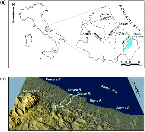 Figure 1. (a) Location map of the Osento River basin (light blue area indicates the basin location, dashed lines indicates administrative Provinces). (b) Location of the Osento River within the piedmont and hilly area of the Abruzzo region (3D view from south, 90 m DEM, NASA-SRTM).